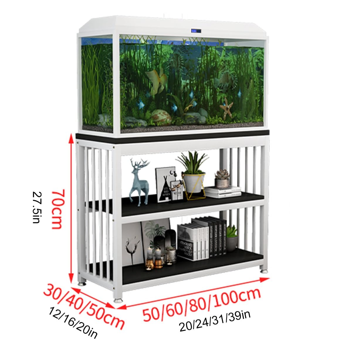 Soporte de Acuario 3 Niveles, Soporte para Pecera, Mesa de Terrario de Pie, Sistema de Estantería de Acuario Metal y Madera, Mesas para Peceras, para Hogar/Jardín(White,L100x50cm/39x20in)