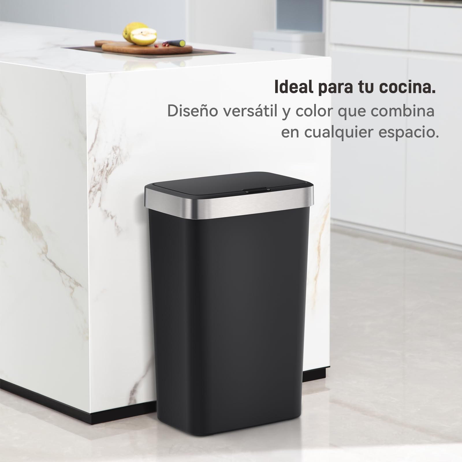 EKO | Cubo de Basura Cocina 50L con Sensor Automático y Cierre Suave | Papelera Negra a Pilas | Acabado Antihuella, Base Antideslizante y Soporte para Bolsa | Diseño Moderno y Silencioso
