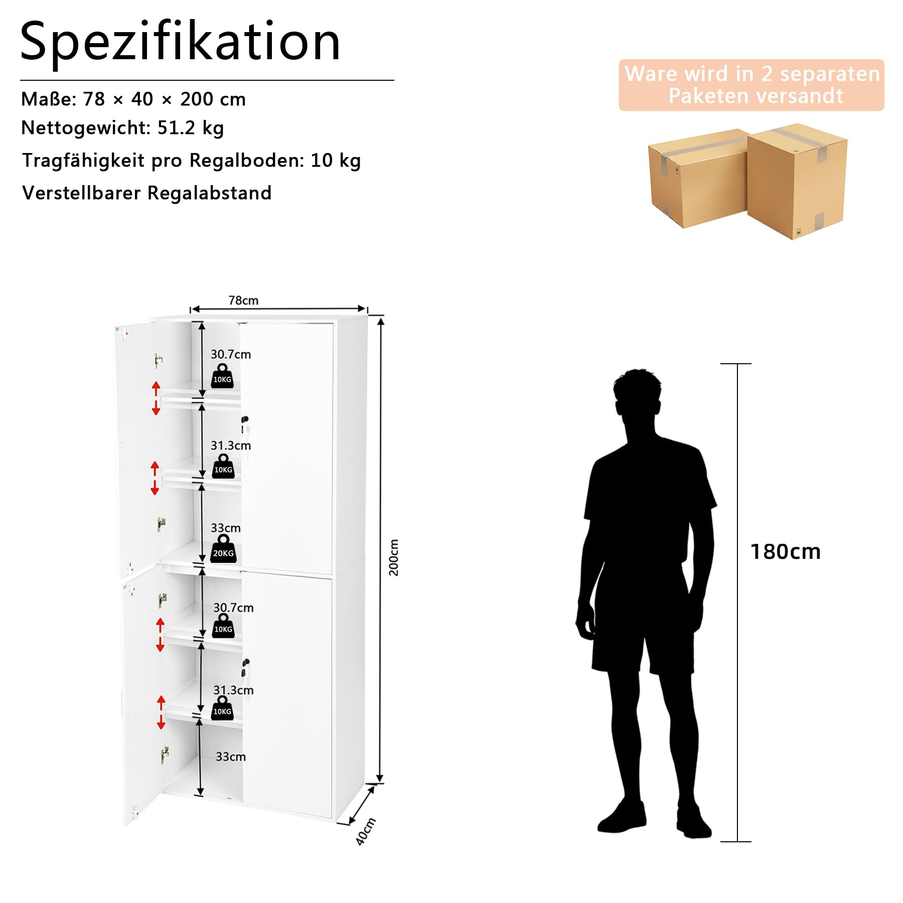 1 Pezzo Mobiletto in Legno con Serratura 4 Ante e 6 Ripiani, Armadio Ufficio Salvaspazio Ideale per Riporre Attrezzi/Alto/Perfetto Ufficio/Camera da Letto/Soggiorno/Bagno/Garage/Bianco/78x40x200CM