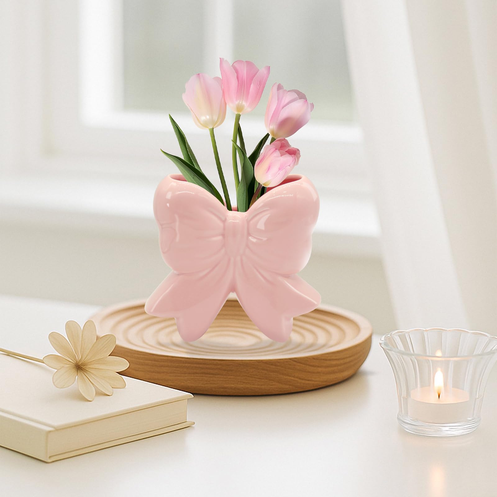 Coquette Vase Bow Portapenne in Ceramica Portapenne per Trucco, Design Contemporaneo Decorativo Donna Regali per Casa Ufficio Scaffale Tavolo Soggiorno Classico Rosa