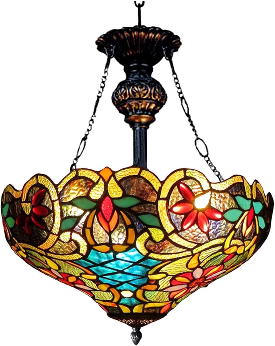 Pemberly Row Tiffany-Style 2 Light Pendant, 18" Stained Glass Shade, Dark Antique Bronze Finish, Victorian Design, Hardwired Indoor Ceiling Lighting for Living Room or Dining Room