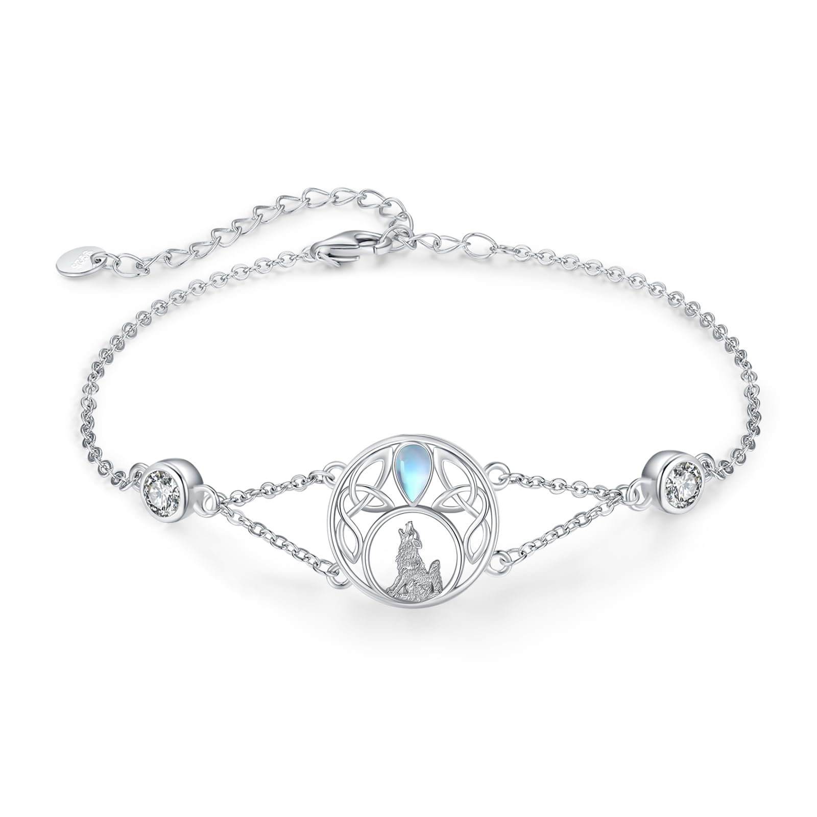 Pulseras de lobo de plata de ley 925 con piedra lunar, nudo celta, pulseras de animales de lobo, pulseras ajustables de circonita cúbica, regalos de joyería para mujer, Plata de ley Circonia cúbica