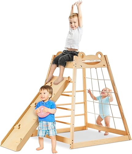 MOOITZ Indoor Playground 7-in-1 Jungle Gym Playset for Kids 1-6yrs - Slide, Wooden Climbing Toys Playset with Slide, Climbing Slide, Swing, Rope