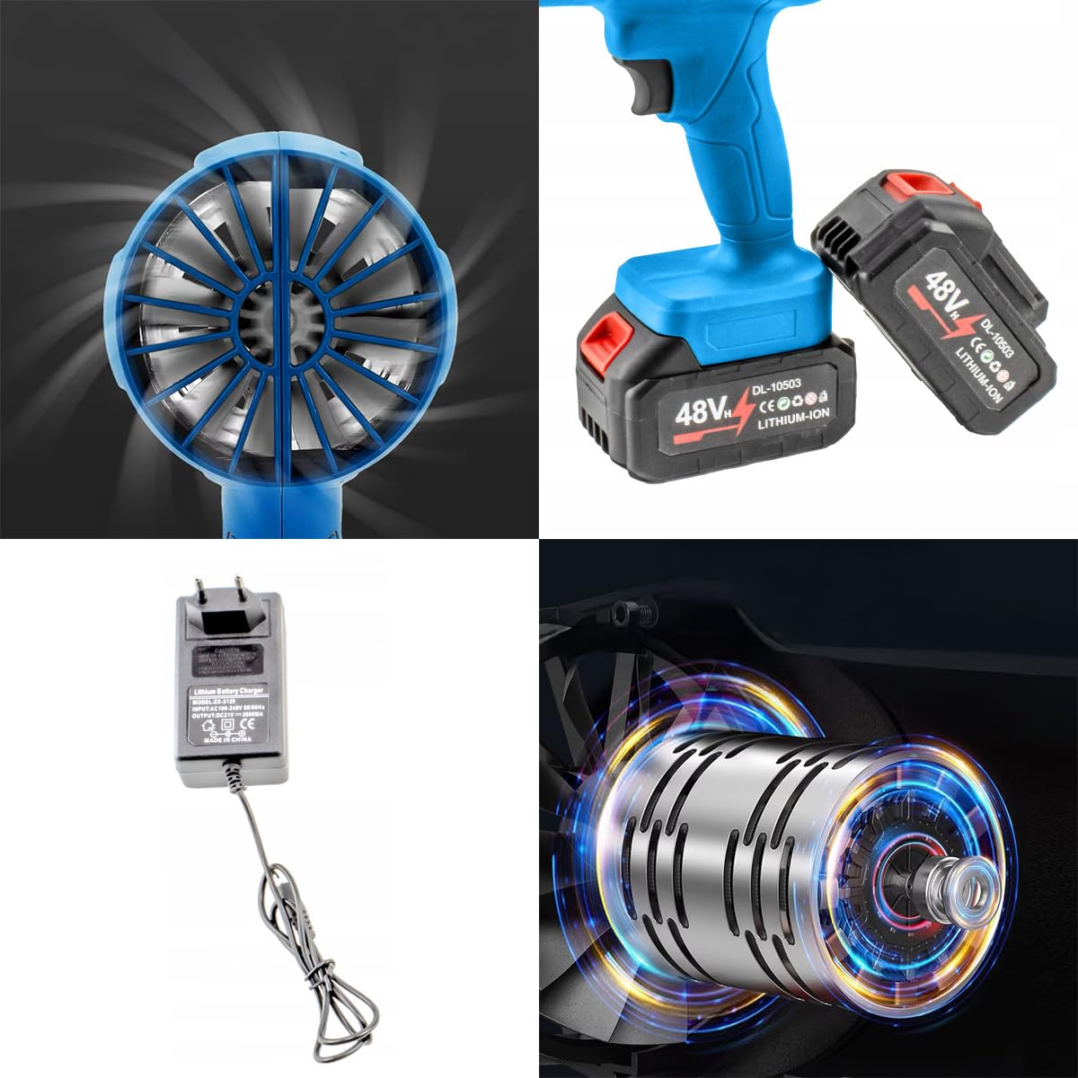Soplador de hojas recargable de 1050 W, 2 baterías de 48 V, velocidad del viento de 210 km/h, motor sin escobillas, diseño ergonómico para casa, coche y jardín