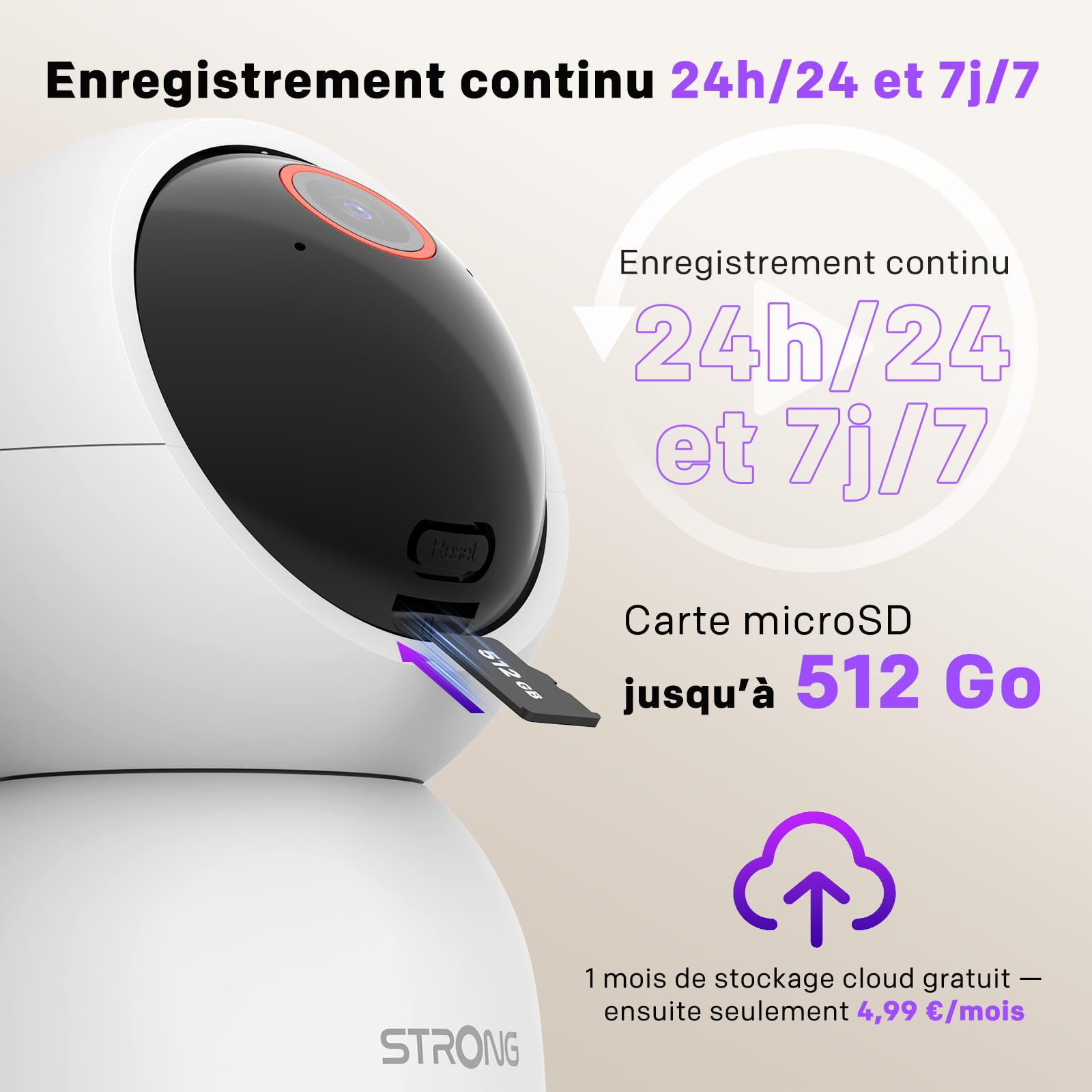 STRONG - Caméra de sécurité intérieure Smart Home 8MP, 4K, Vue panoramique 360, Alerte Mouvement, Compatible Wi-FI, Application de contrôle, Montage sur Table