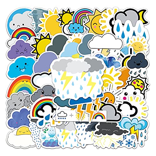Weather Symbols Stickers for Laptop (50 PCS),Gift for Children Teens Adults Girl Boys,Waterproof Cute Sun Cloud Stickers for Water Bottle,Vinyl Stickers for Journal,Dairy,Scrapbook,Skateboard