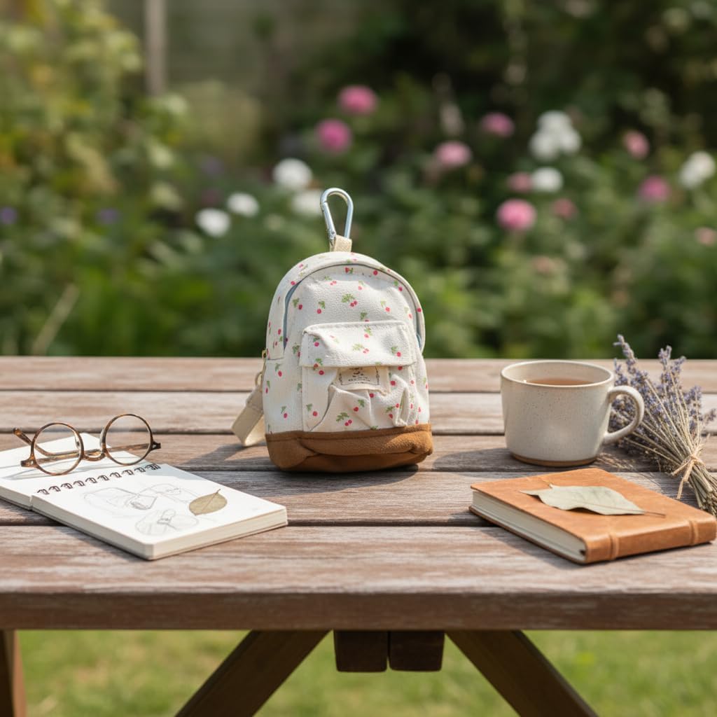 Mini Backpack Coin Purse, Canvas Key Chain Wallet, Floral Design Zipper Pouch, Coin Purses and Pouches (Apricot)