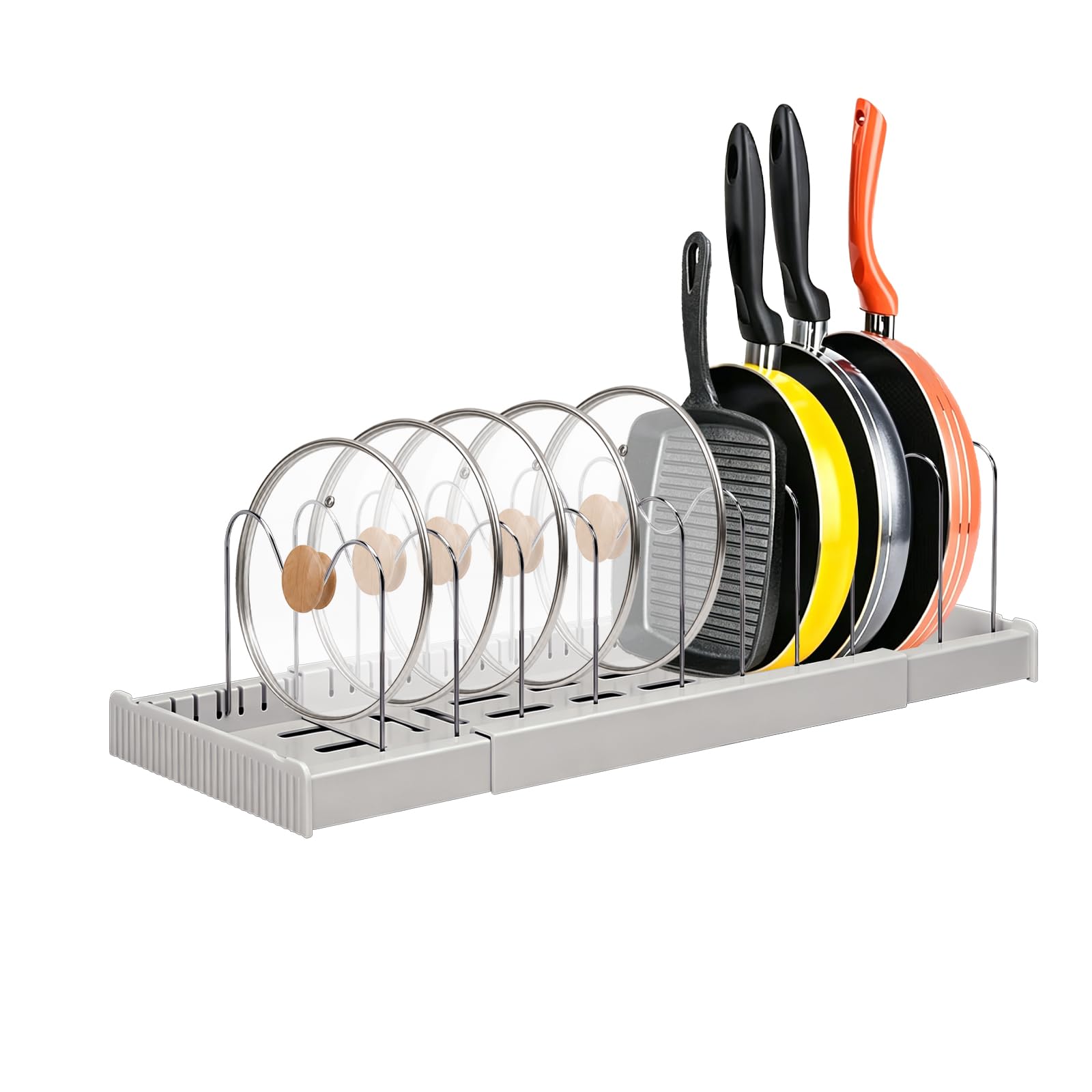 Verstellbarer Topfdeckelhalter mit 10 Fächern, Erweiterbarer Pfannen-Organizer für Schublade, Küchen Ordnungssystem für Töpfe (Grau)