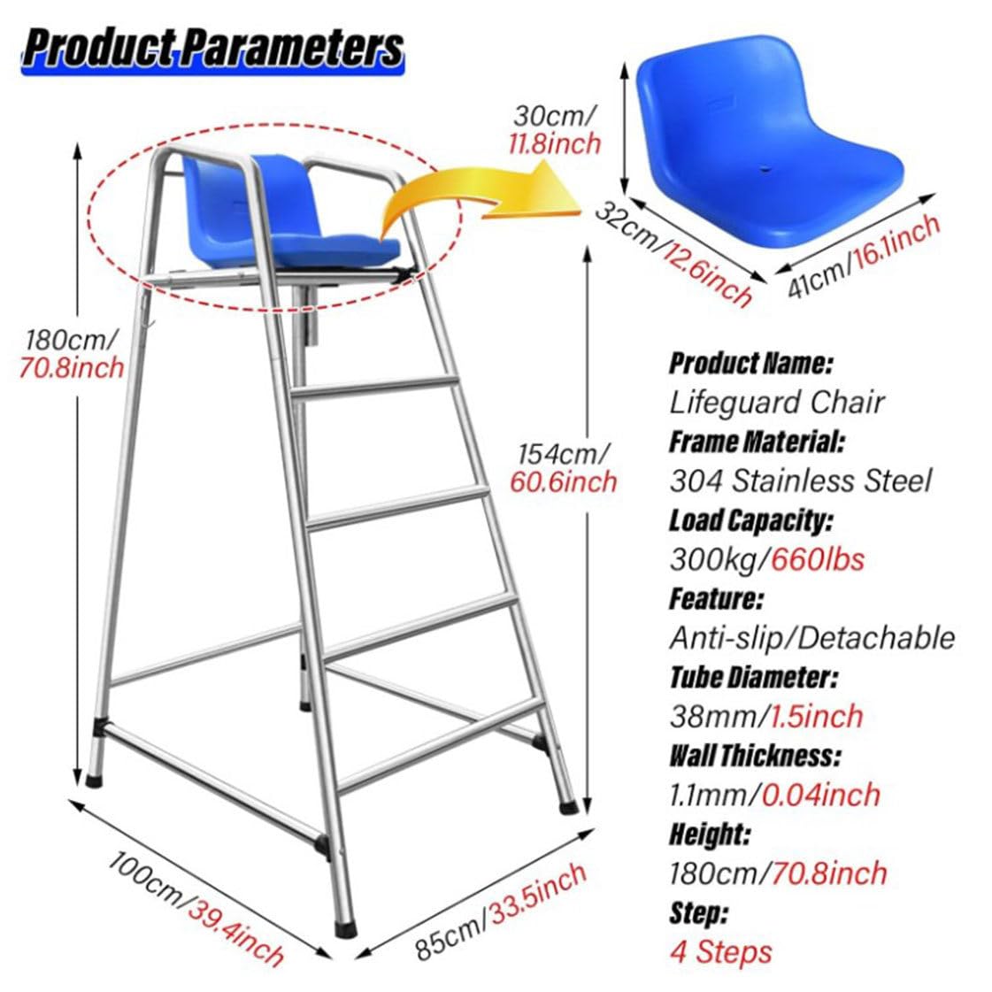 Chaises de Sauveteur de 120 cm/150 cm/180 cm de Haut pour l'extérieur, Le lac et la Plage, Tabouret de Bar Portable en Acier Inoxydable, chaises de Sauveteur de Piscine,H-180cm/70in/5.9ft