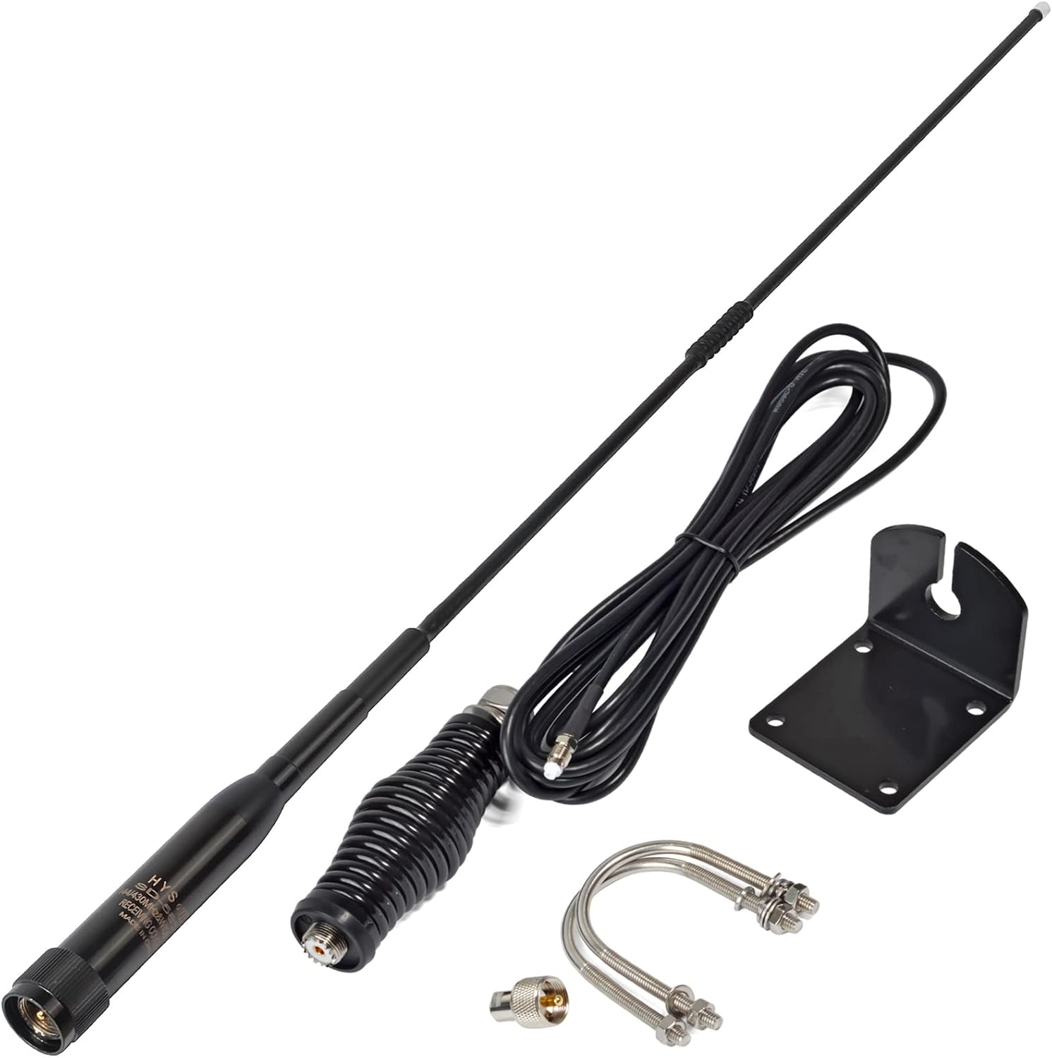 HYS Amateur Dual Band Pretuned Land Mobile Car/Truck/SUV Antenna, 3.8dBi/144MHz 430MHz/6.5dBi, W/Heavy-Duty Barrel Spring, W/L-Bracket Hole & U-Bolt, 16.4'/About 5m RG-58 Coax Cable, Black