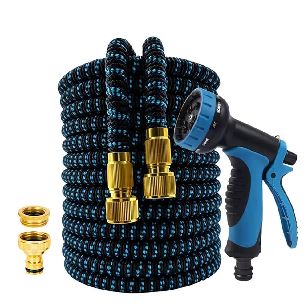 Shungong High-Pressure Expandable Garden Hose - Durable, Lightweight, and Flexible for Efficient Watering and Car Washing(Black-Blue Hose DQ,1/2''_75FT)