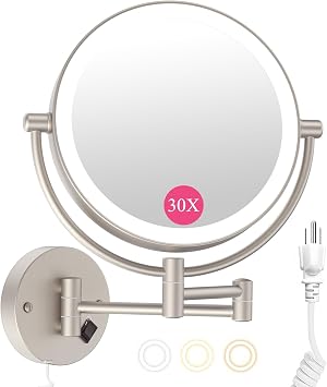 Wall Mounted Makeup Mirror with Lights 30X/1X Double-Sided Vanity Mirror | Plug-in Lighted Magnifying Mirror with 3 Color Modes, Dimmable Brightness, 360 Swivel Extendable Arm for Bathroom