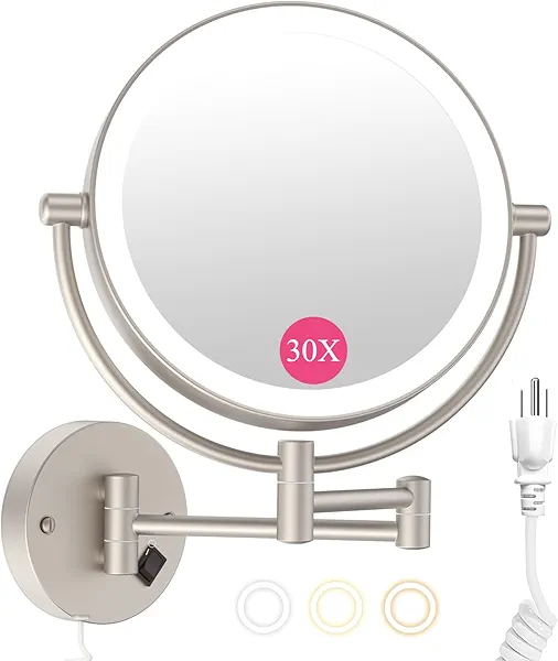 Wall Mounted Makeup Mirror with Lights, 30X/1X Double-Sided Magnifying, Plug-in Lighted Vanity Mirror with 3 Color Modes, Dimmable Brightness, 360° Swivel Extendable Arm for Bathroom & Grooming