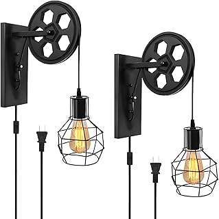 Farmhouse Plug in Wall Sconce Set of 2 – Industrial Rustic Wall Lamp with Black Iron Cage & Wooden Pulley for Bedroom, Living Room, Hallway, Restaurant, Dimmable Wall Light Fixture
