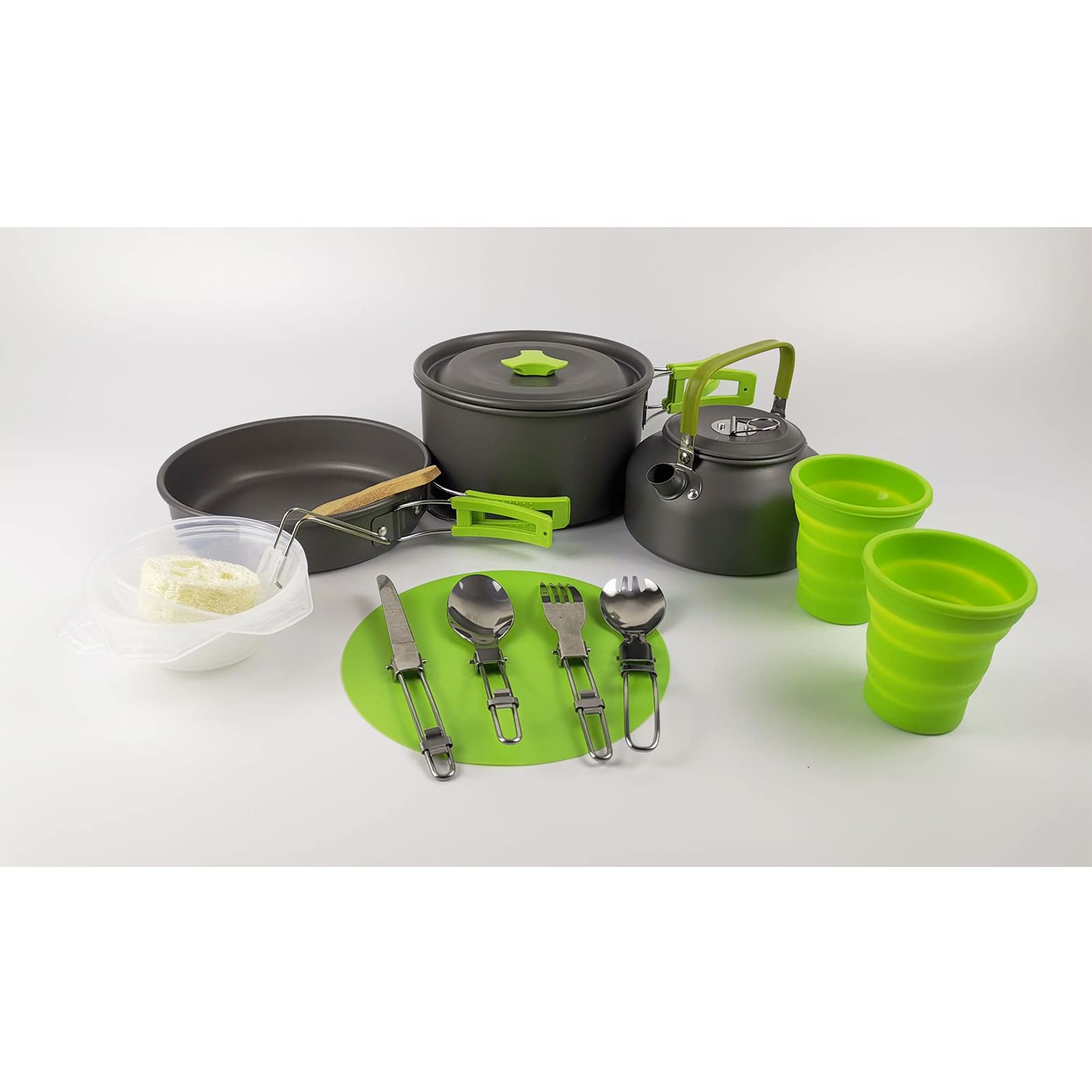 Camping Conjunto Aluminio Camping Kit Utensilios De Cocina para 2-3 Personas, Pan Parrilla Al Aire Libre Portátil Hervidor De Estufa para Picnic Trekking Y Senderism Green-One Size