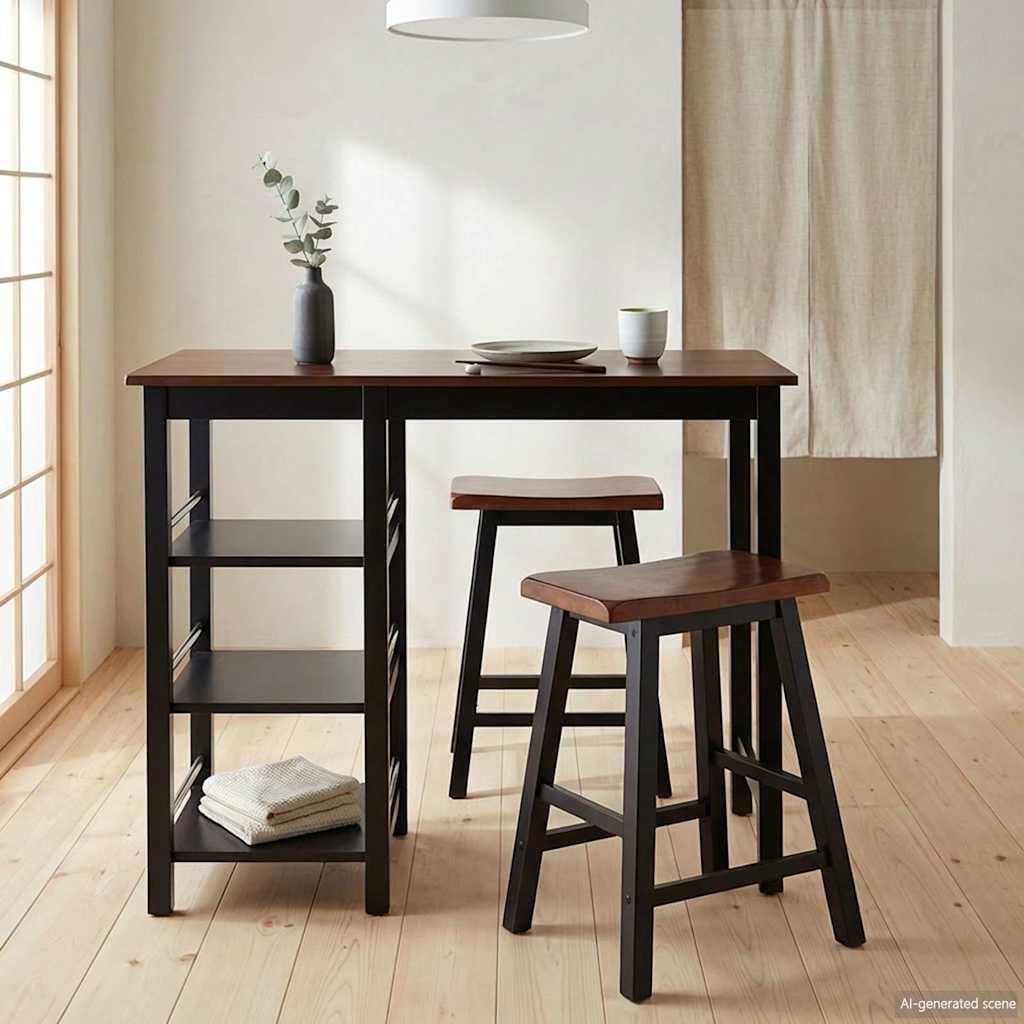 Juego de bar de 3 piezas de MDF negro, mesa de bar y 2 taburetes, con estantes para comedor, cocina, diseño que ahorra espacio, comodidad para familia e invitados