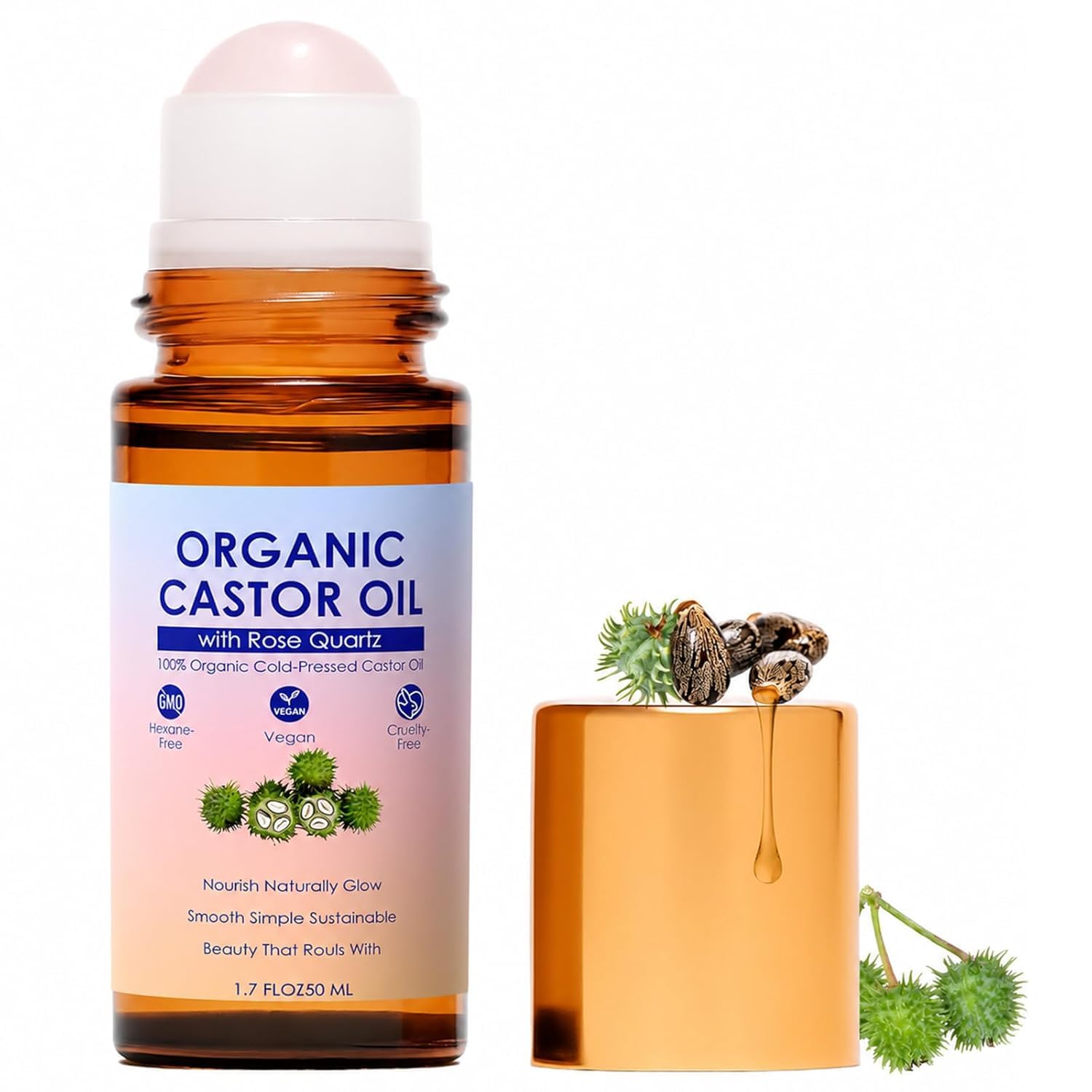 Photo 1 of SDXJIOGE Organic Castor Oil Rose Quartz Roller Ball – 100% Cold Pressed Hexane Free Castor Oil Roll On for Facial Skin Care, Fine Lines, Wrinkles & Under Eye Puffiness (1.7 Fl Oz)
