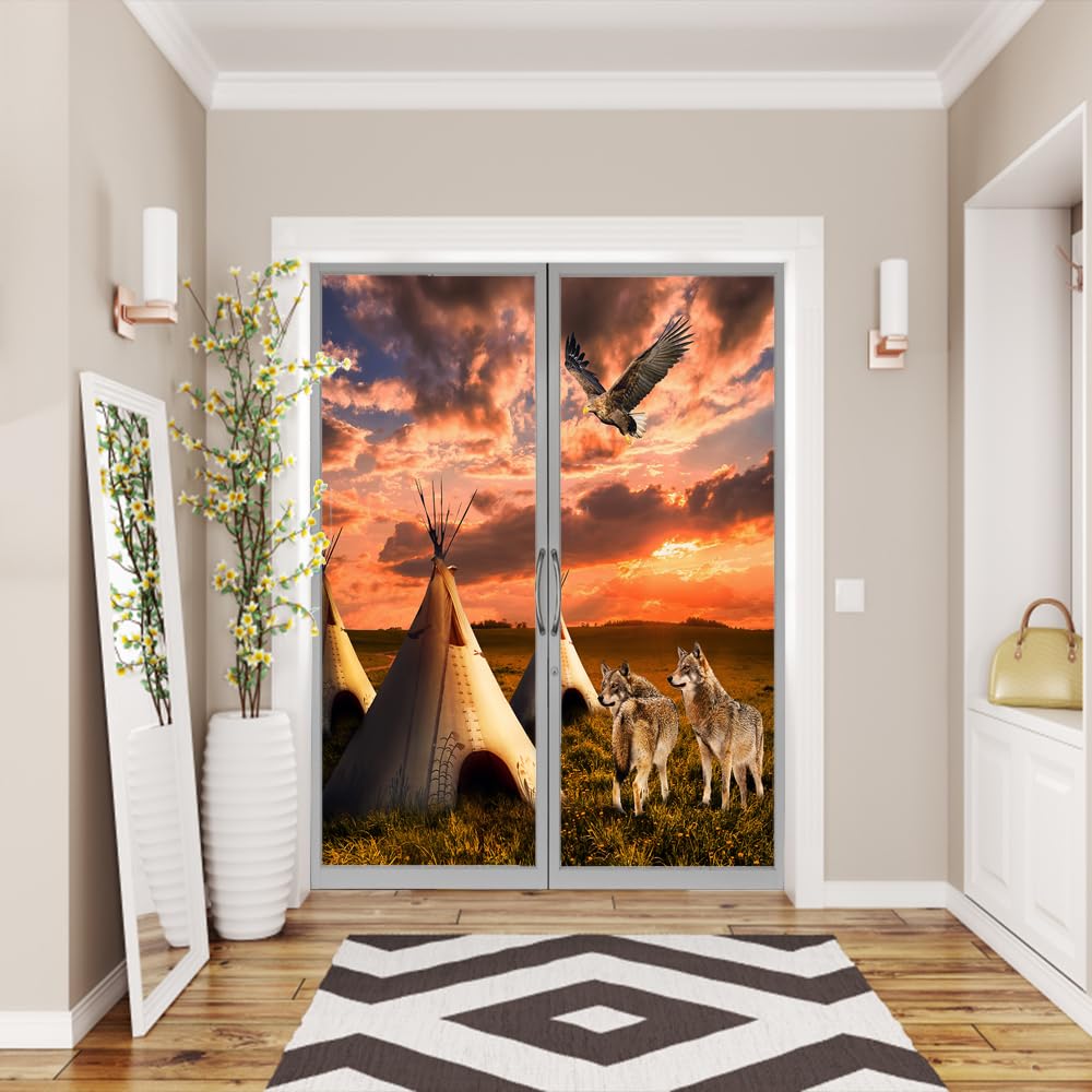 COALHO Tribal American Western Home Fensterfolie, rustikal, Westerngrasland, Tribal Sonnenuntergang, Zelt, Adler, Wolf, geeignet für Wohnzimmer, Küche, Bad, 60 B x 120 L cm, 2 Stück
