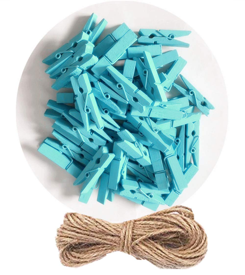 DurReus 50pcs Small Wood Clothes Pins Pegs Hangers Picture Display Art Crafts Clip Clamps String Wire Clothesline Party Office Decor Bright Blue