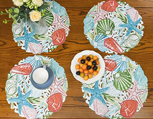 Keva Summer Round Placemats Set Of 4, Starfish Seashell And Coral Cutwork Embroidered 15Inch Round Coastal Placemat, Beach Ocean Table Mats For Summer Season #TOP2