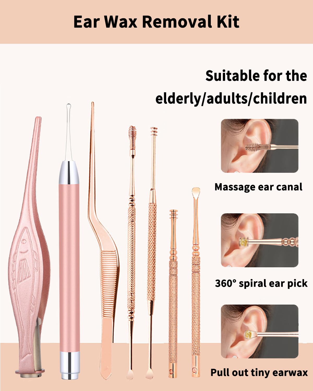 7Pcs Ear Wax Removal Tool with Light: Ear Cleaner Kit-Ear Scope with Stainless Steel 360° Spiral, Earwax Spoon Digger & Ear Tweezers with LED Light for Adults Kids - Ear Wax Remover with Storage Box