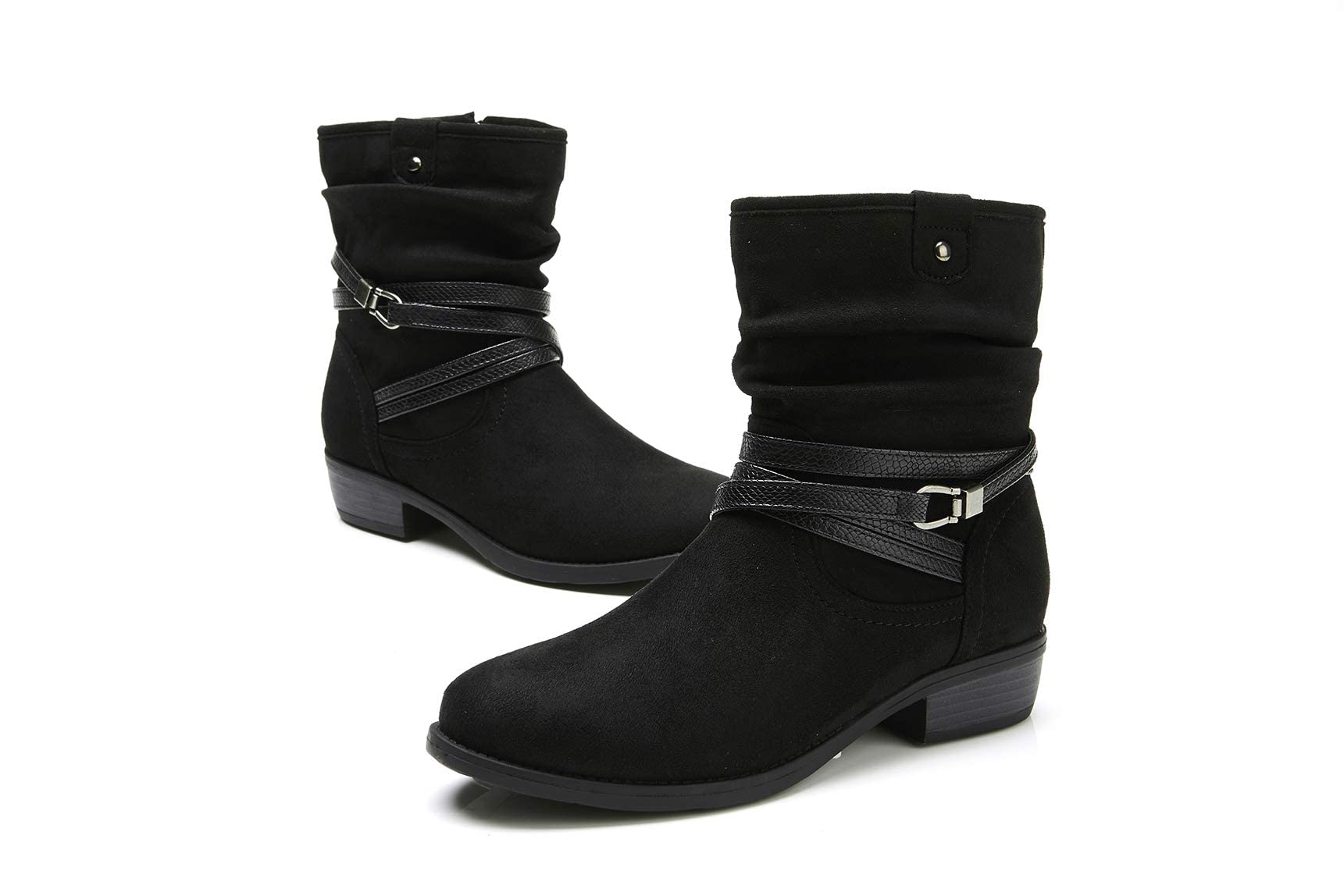 Women's Mid Calf Boot,Round Toe Low Heel Comfort Slouchy Bootie with Side Zipper Buckle Strap