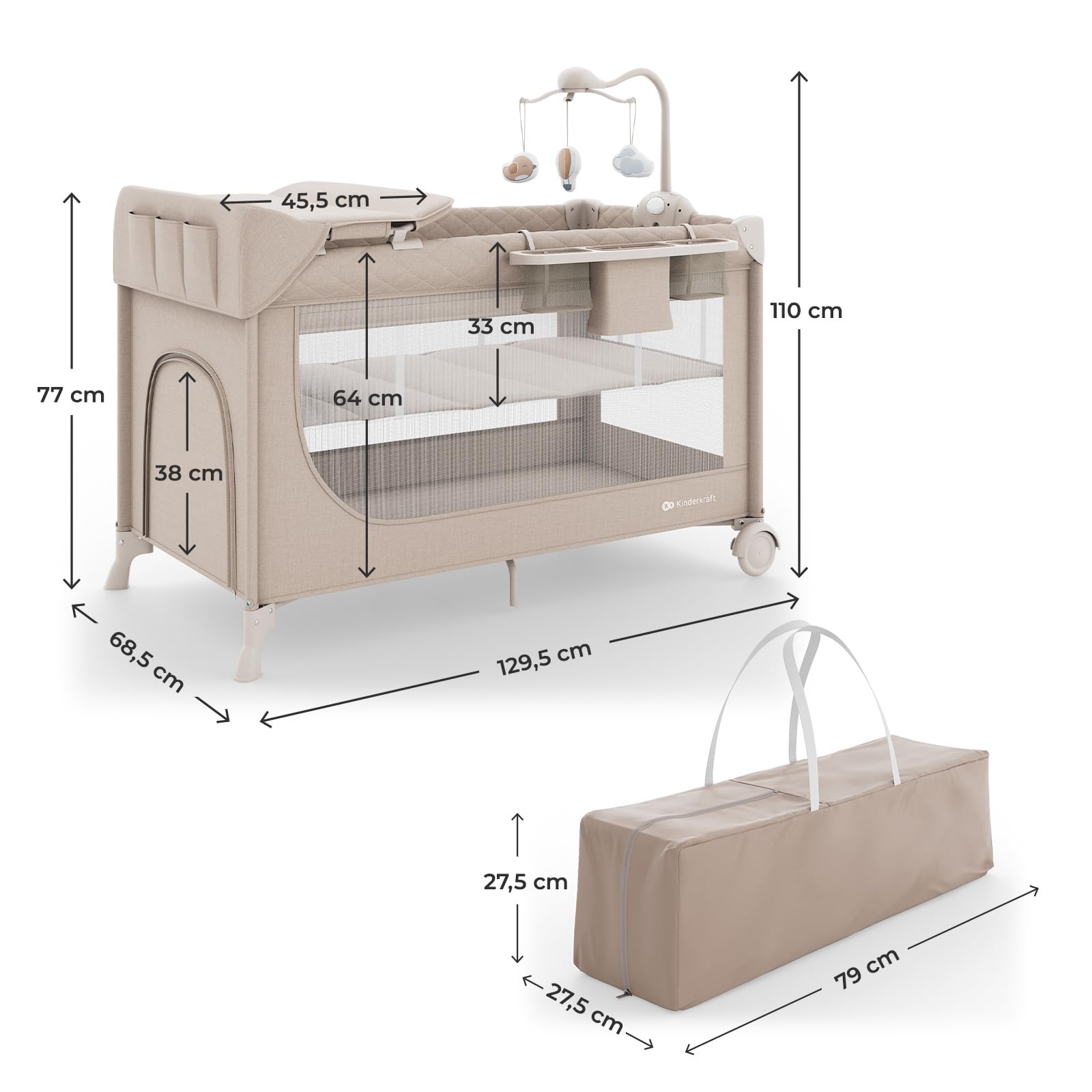 Kinderkraft LEODY UP, 2-in-1 Kinder- und Reisebett, Laufstall, klappbar, mit 2 Bodenhöhen, Rollen mit Arretierung, Seiteneinstieg, Mesh-Seiten, Tragetasche, Beige