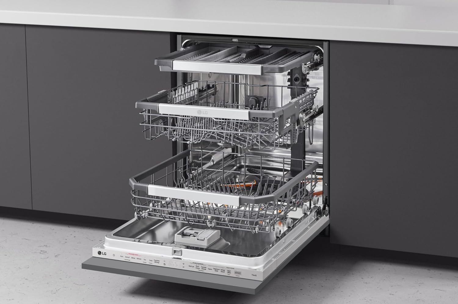 LG QuadWash DB365TXS Lavastoviglie da Incasso a Scomparsa Totale, Serie 3, Classe B, 14 coperti, 4 Bracci Irroratori, Vapore, Cerniere Sliding, Apertura Automatica, 3° Cestello, Wi-Fi, Acciaio