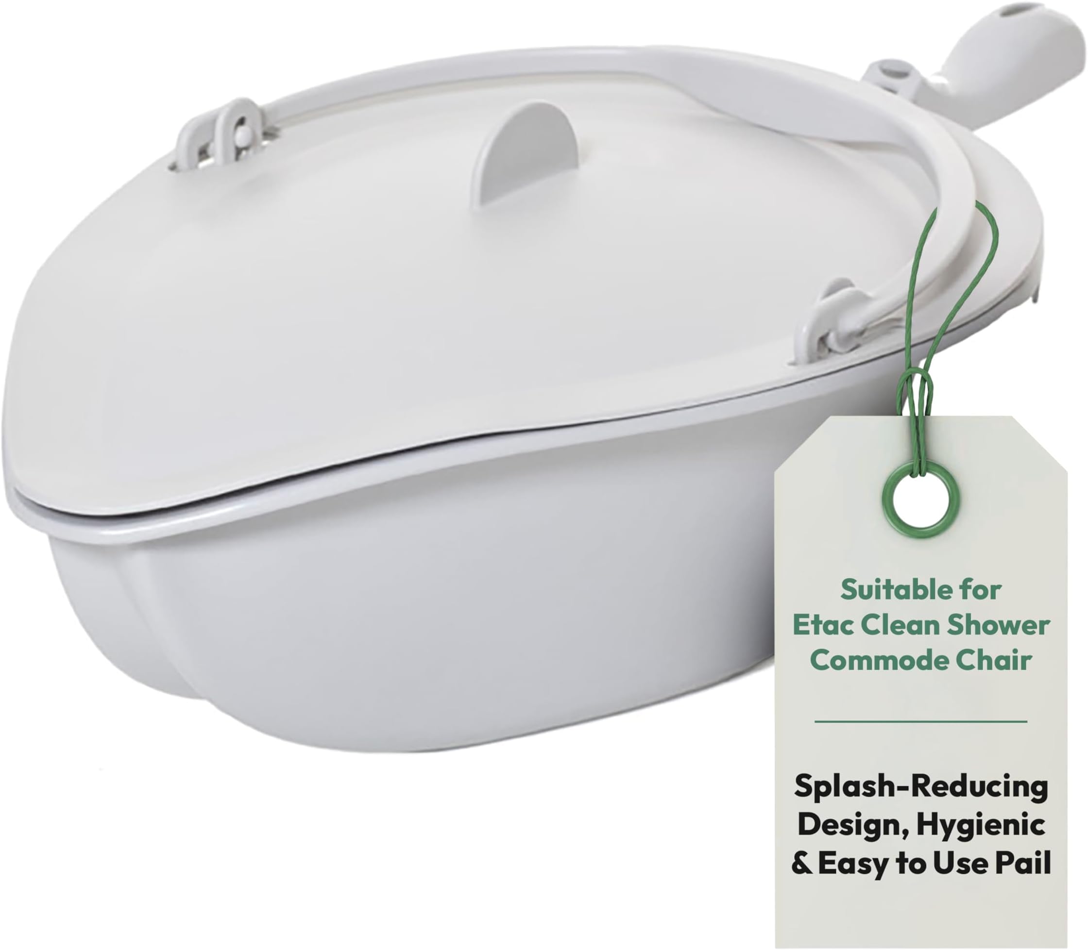 Etac Pan with Lid and Handle – Suitable for Etac Clean Shower Commode Chair – Bedside Commode Bucket Replacement – Splash-Reducing Design, Hygienic and Easy to Use Pail (White)