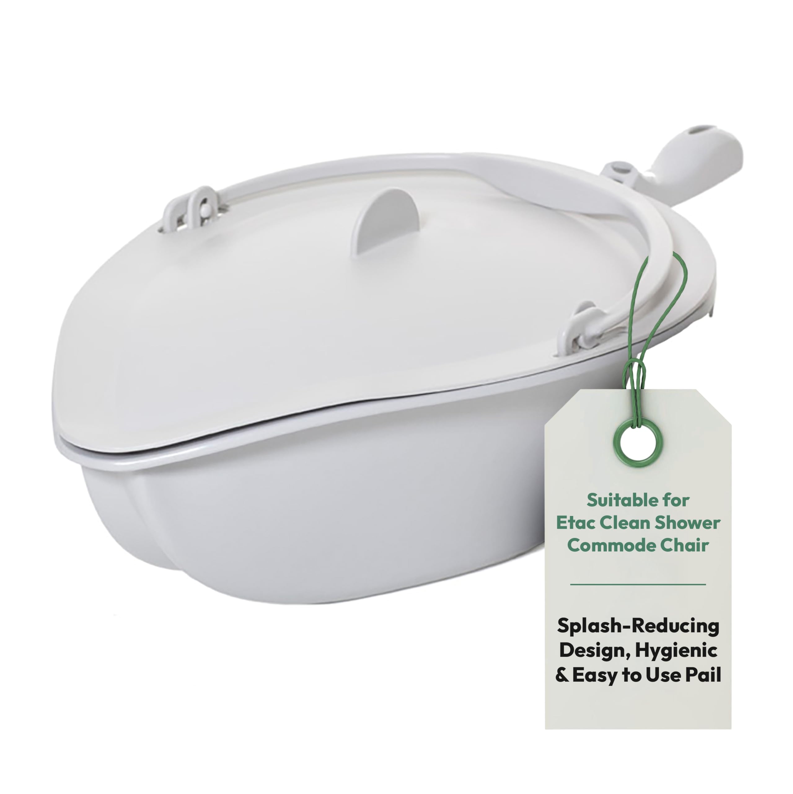 Pan with Lid and Handle – Suitable for Etac Clean Shower Commode Chair – Bedside Commode Bucket Replacement – Splash-Reducing Design, Hygienic and Easy to Use Pail (White)