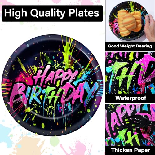 Image of Qyeahkj 100 Pcs Neon Birthday Party Supplies Colorful Graffiti Paper Plates and Napkins Set Disposable Glow Neon Happy Birthday Tableware Decorations for Party Favors Serves 25