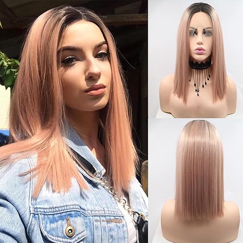 xiweiya Peluca corta de encaje frontal rosa melocotón, peluca de cabello sintético lacio Bob con encaje frontal, peluca de color oro rosa con raíces