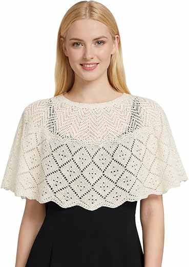 SANNIDHI® Crochet Lace Shawl White Shrug for Woman Shrug, Silk Cotton Sheer Knit Shrug for Women, Hollow-Out Summer Cover-...