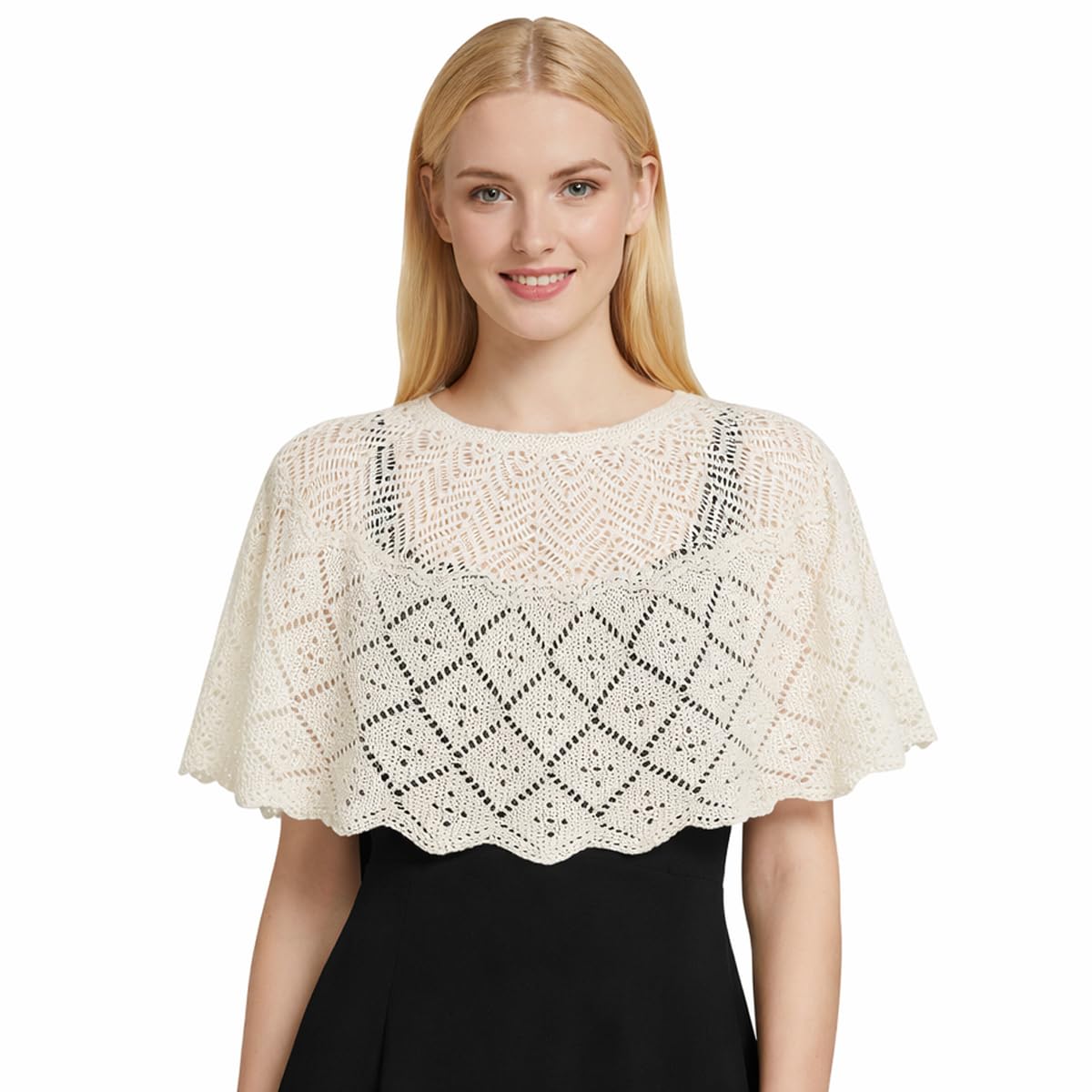 sannidhi Crochet Lace Shawl White Shrug for Woman Shrug, Silk Cotton Sheer Knit Shrug for Women, Hollow-Out Summer Cover-Up for Daily Dresses Wedding Evening & Beach Wear (Draping Effect)-picture-3