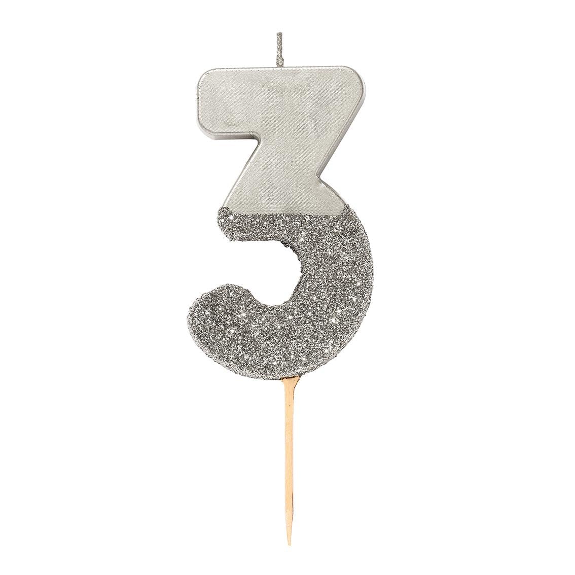 Talking Tables Silver Number 3 Candle with Glitter-Premium Quality Cake Topper Decoration-Pretty, Sparkly for Kids, Adults, 30th Birthday Party, Anniversary, Milestone Age
