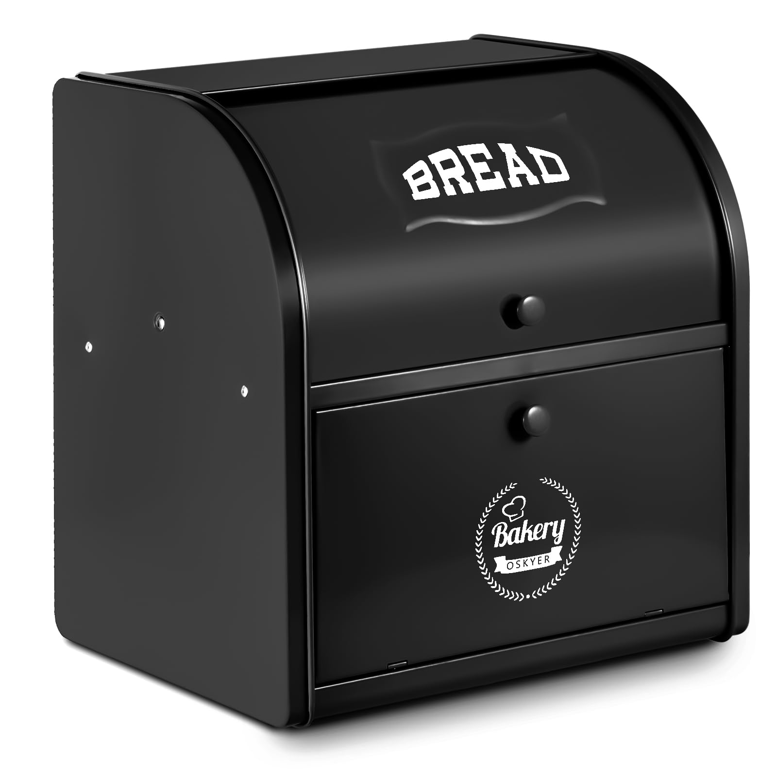 2-Layer Bread Bin, Bread Bins for Kitchen, Large Bread Box with Roll Top Lid, Metal Bread Container, Storage Bin for Fresh Loaves, Cookies, Pastries 30 x 25 x 33 cm (Black)