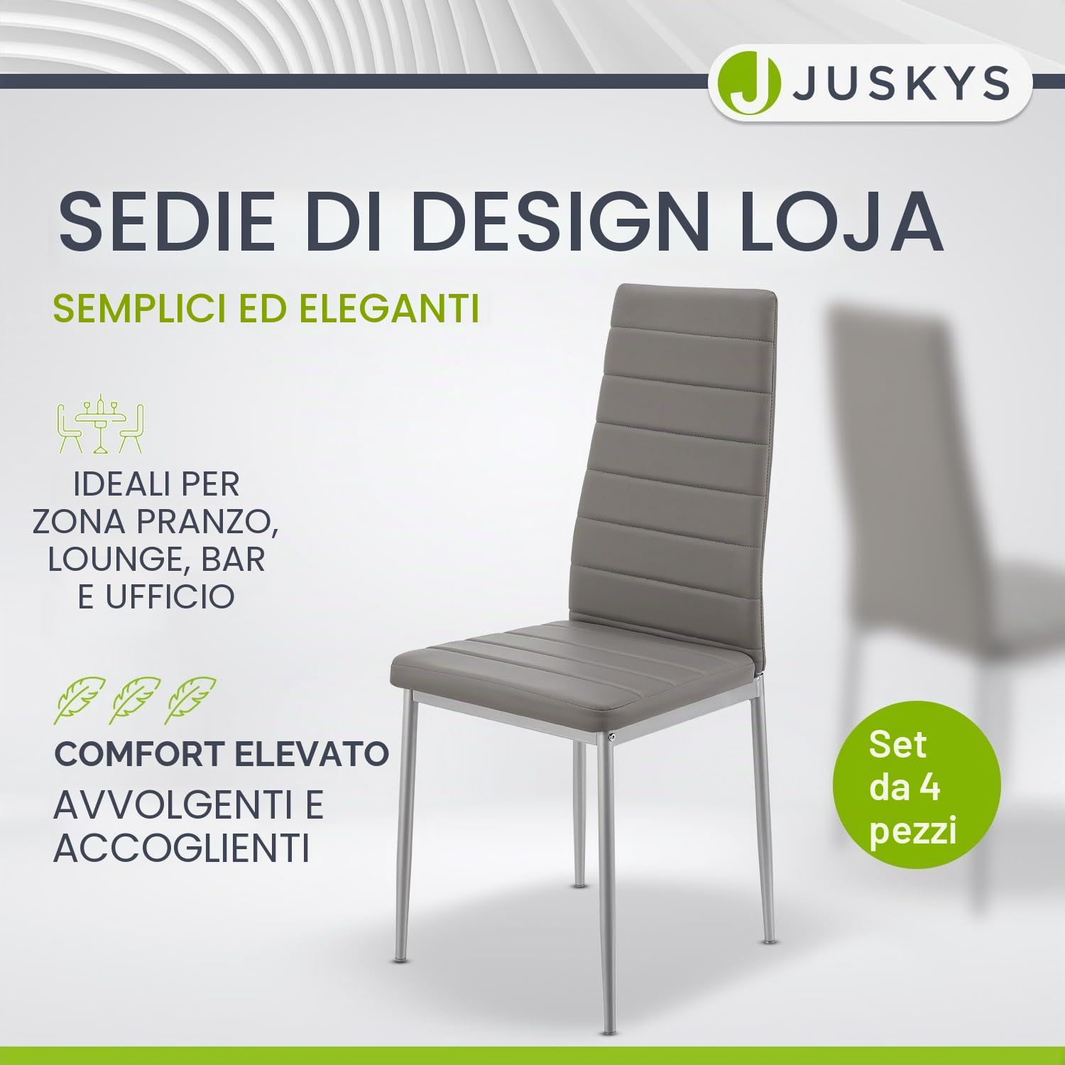 Juskys Set da 4 sedie da pranzo Loja con rivestimento in ecopelle e schienale alto - struttura in acciaio stabile, supporta fino a 120 kg - sedie da cucina e sala da pranzo grigie