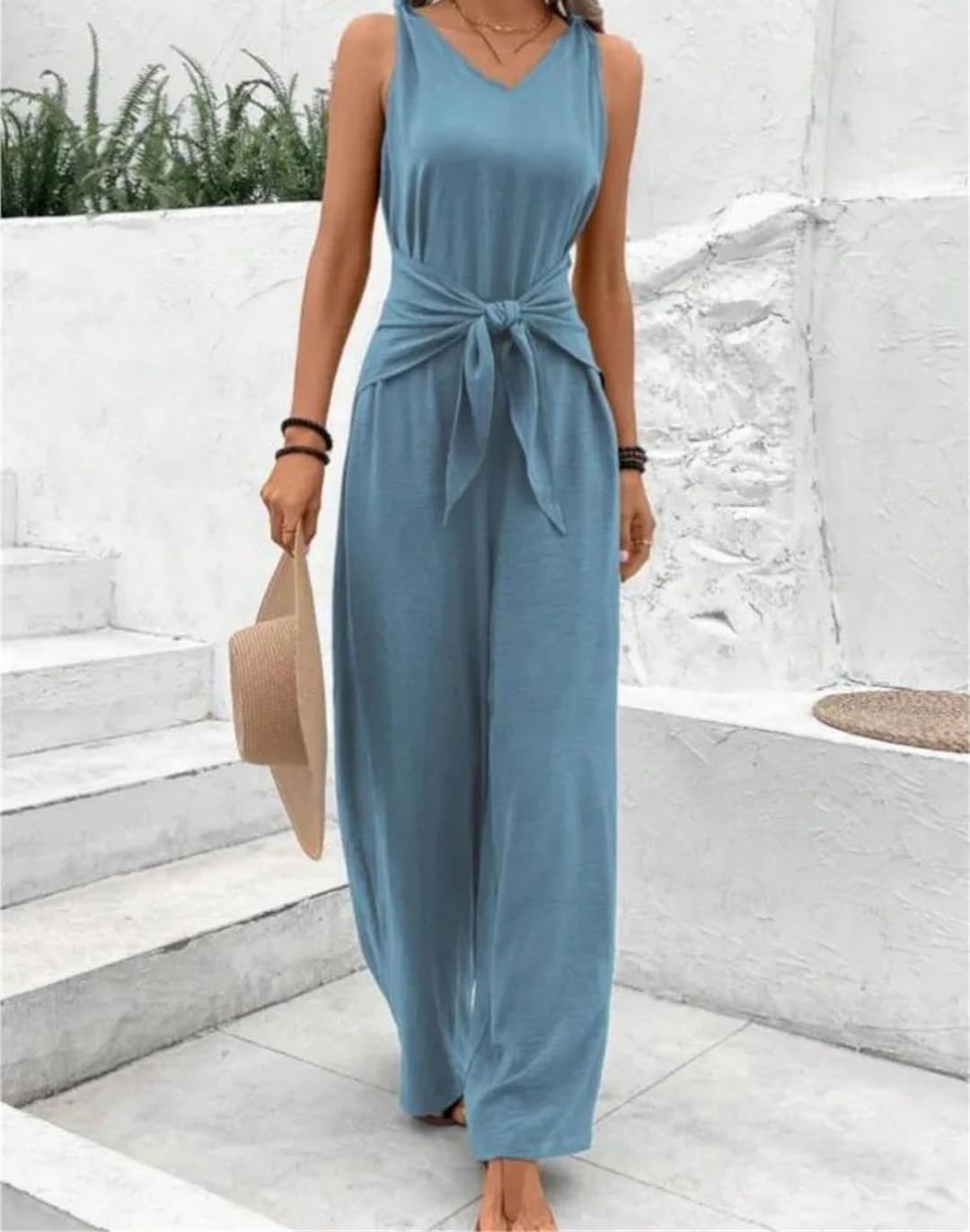 Yeuyyben Tuta da donna senza maniche con scollo a V e lacci, pantaloni a gamba larga, vestibilità ampia, casual, estivo, vacanze, spiaggia