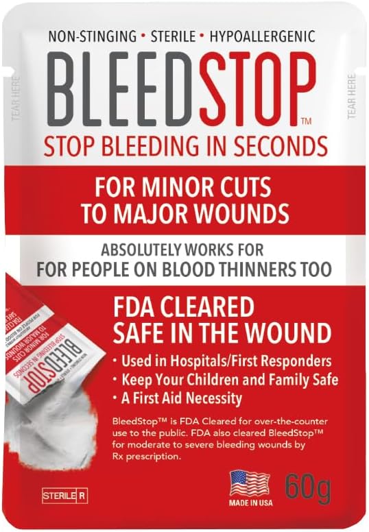 BleedStop™ First Aid Powder for Blood Clotting, Trauma Kit, Blood Thinner Patients, Camping Safety, and Survival Equipment for Moderate to Severe Bleeding Wounds or Nosebleeds – 1 (60g) Pouch BleedStop™ First Aid Powder for Blood Clotting, Trauma Kit, Blood Thinner Patients, Camping Safety, and Survival Equipment for Moderate to Severe Bleeding Wounds or Nosebleeds – 1 (60g) Pouch