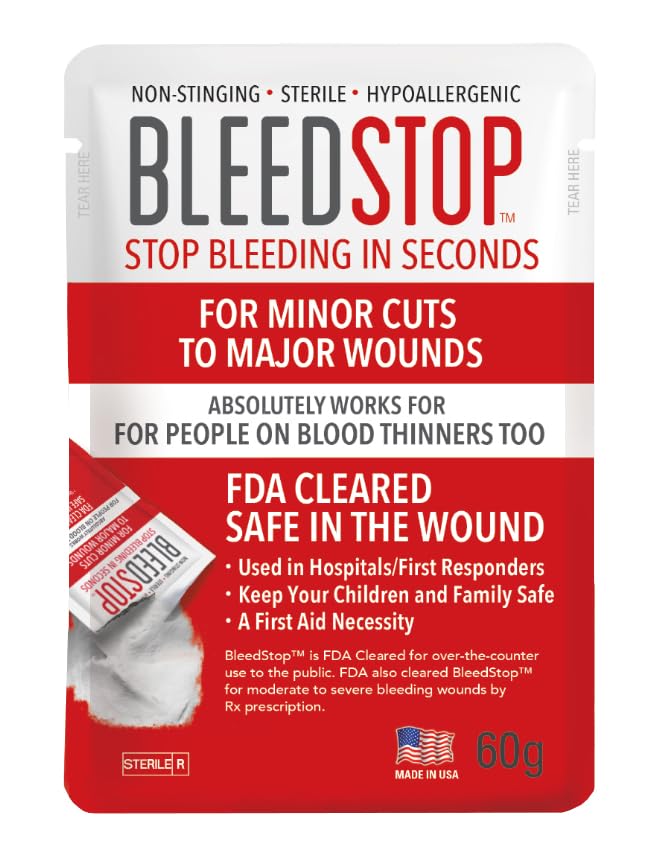 BleedStop™ First Aid Powder for Blood Clotting, Trauma Kit, Blood Thinner Patients, Camping Safety, and Survival Equipment for Moderate to Severe Bleeding Wounds or Nosebleeds - 1 (60g) Pouch