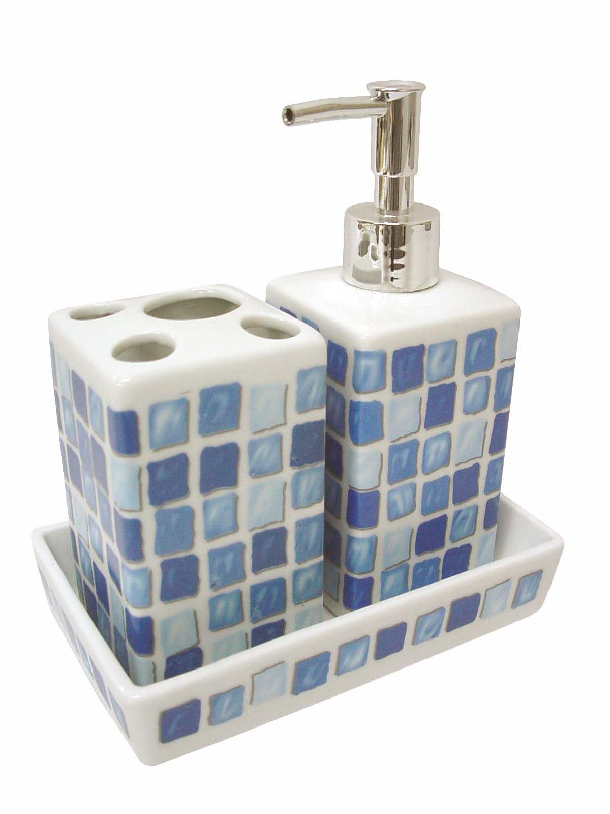 Juego 3 Piezas BAÑO Accesorios SOBREMESA Lavabo Porcelana DOSIFICADOR 280ML Vaso CEPILLOS Dientes Bandeja Mosaico Azul