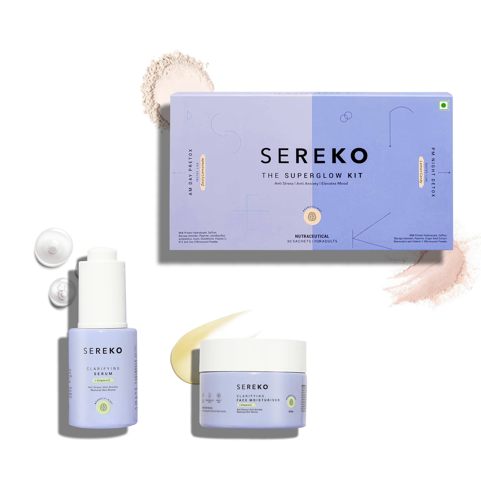 Sereko Advanced Active Vitamin C Skin Regime Kit Combo | 50X Vitamin C Face Moisturiser 50 ml, Clarifying Serum 30 ml & Super Glow Collagen Powder - 30 Sachet x 4g