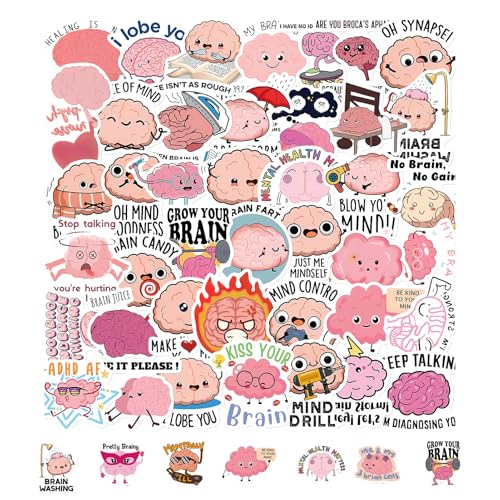 100pcs Brain Stickers, Funny Human Brain Waterproof Vinyl Decals Cute and Colorful Cartoon Self Adhesive Brain Stickers for Laptop Skateboard Car Water Bottle Girls and Teens for Christmas Thanksgivin