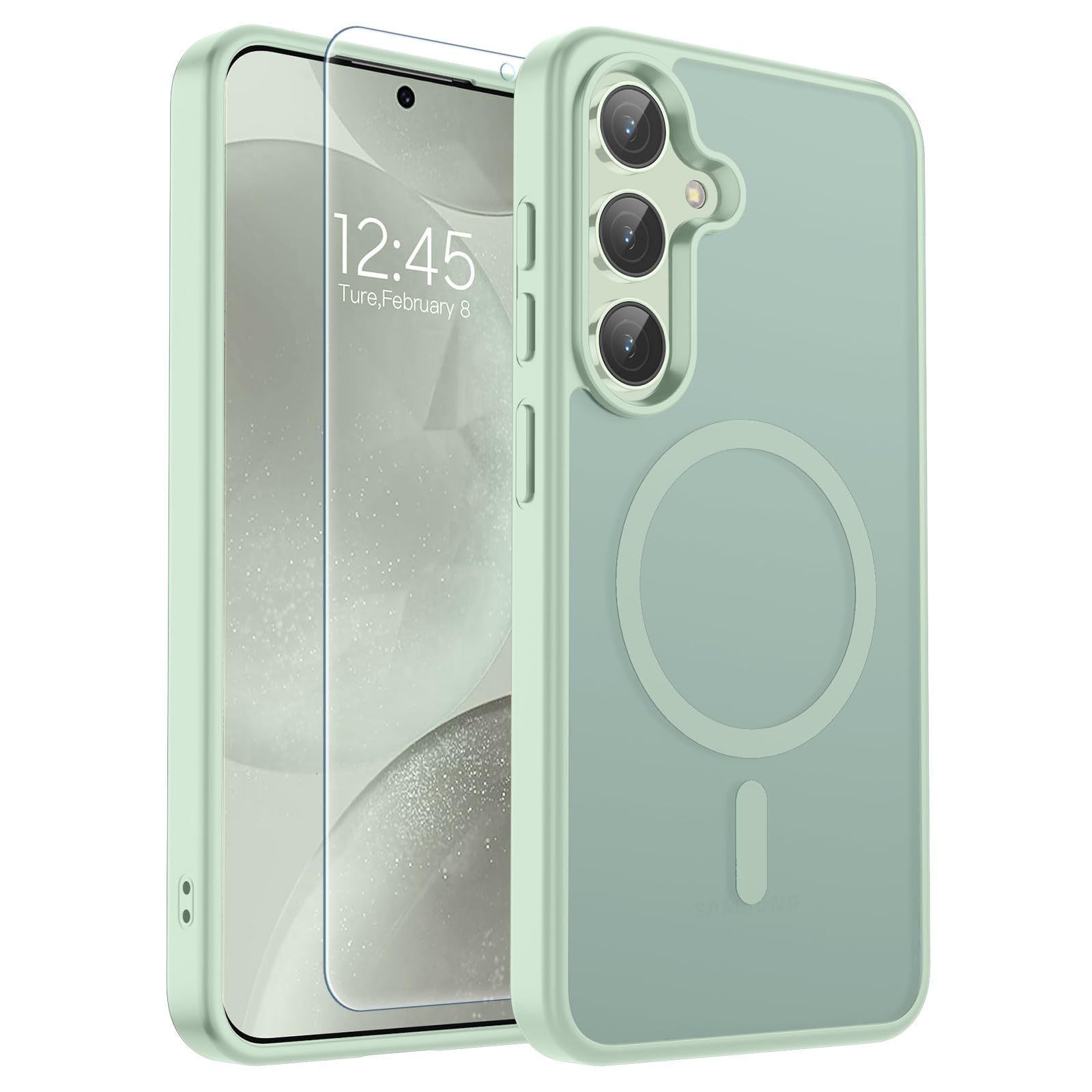 SUPFINE Magnetic for Samsung Galaxy S24 Case / S25 Case with Screen Protector, (Built-in Magnets) (Military Grade Drop Protection) Slim Translucent Shockproof Phone Case,Light Green