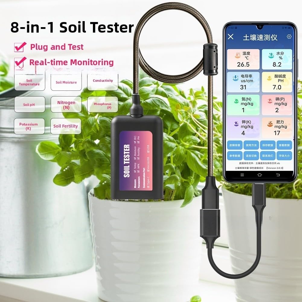 Bodenmessgerät NPK PH Feuchte Temperatur Sensor IP68 Wasserdicht 316L Edelstahl Für Garten Landwirtschaft Kompatibel Mit Für Android Für Harmonyos Für Ios App Echtzeitdatenanalyse Schwarz