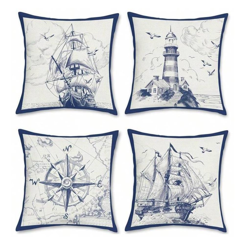 CTRLZS Sailboat Compass Lighthouse Nautical Pattern Linen Throw Pillow Cover Decorative Pillow Cover for Sofa Bed Home Decor