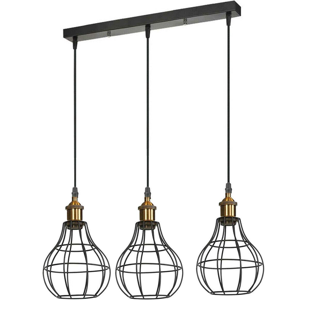 LEDSone Vintage Retro 3 Way Ceiling Pendant Light Cluster Light Fitting Black Diamond Shaped Wire Cage Lampshades, UK E27 Holder Lighting Kit (Yellow Brass, Vase)