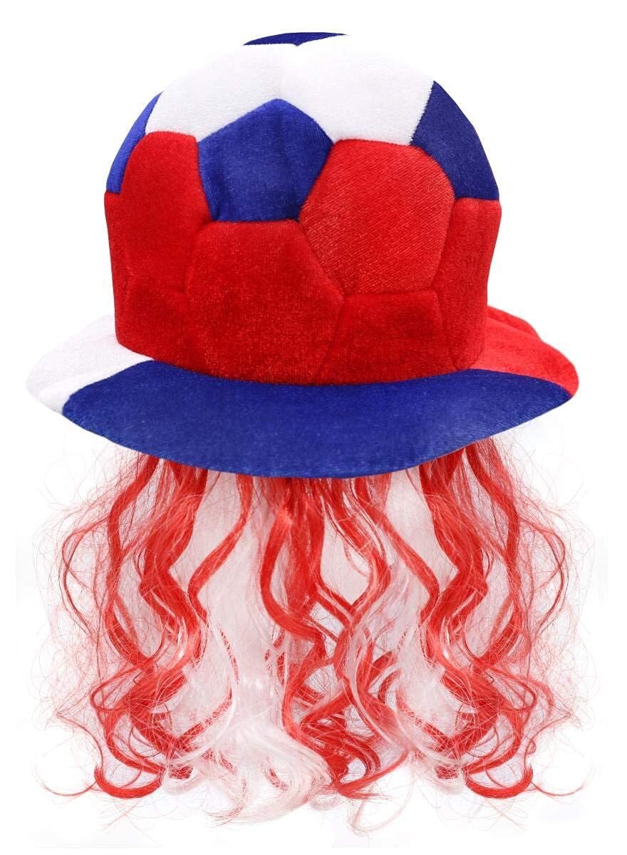 I LOVE FANCY DRESS Adults France Football Hat - Pack of 5 - Red, White & Blue France Football Supporters Hat with Attached Red & White Hair - Novelty France Football Flag Hat