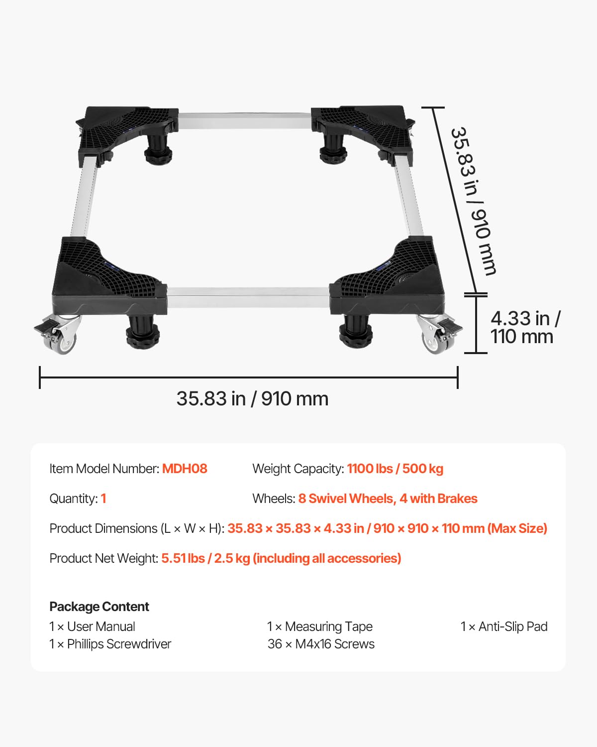 VEVOR Base Móvil para Muebles 910 x 910 x 110 mm con 8 Ruedas Gemelas con Bloqueo y 4 Frenos, Capacidad de Carga de 500 kg, Plataforma Rodante Ajustable de 698,5-899,16 mm para Lavadora, Frigorífico