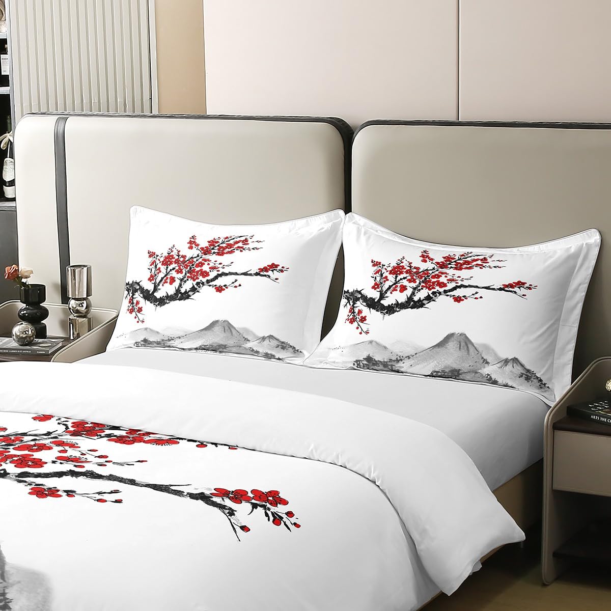 Homewish Coton, Housse de Couette 200x200 Style Japonais, Ensemble de Literie Imprimé de Fleurs de Cerisiers Rouges pour Adultes Femmes Ados, Parure de Lit Peinture À L'Encre du Mont Fuji